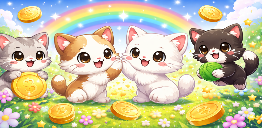Gatitos de Kitty Fusion en un campo con monedas y arcoiris